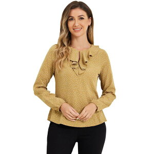 �A���O�� �P�[ ���f�B�[�X �g�b�v�X �V���c �h�b�g �t���� �u���E�X ALLEGRA K Women's Ruffle Neck Long Sleeve Polka Dots Blouse Shirts Khaki Dots �J�[�L