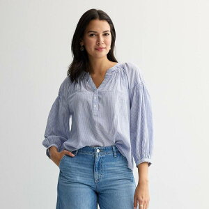 �\�m�} ���f�B�[�X �g�b�v�X �V���c �V���[�����O Women'sonoma Goods For Life Smocked Quarter Sleeve Henley Top Blue White Mini Stripe �z���C�g