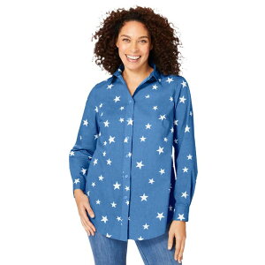 �E�[�}�� �E�B�Y�C�� ���f�B�[�X �g�b�v�X �V���c �v���X�T�C�Y Woman Within Plusize Perfect Long Sleeve Shirt Blue Chambray Stars �u���[