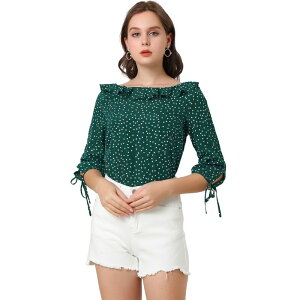 �A���O�� �P�[ ���f�B�[�X �g�b�v�X �V���c ���B���e�[�W �h�b�g �t���� �u���E�X ALLEGRA K Women's Vintage 3/4 Sleeve Tops Boat Neck Ruffled Polka Dots Blouse Green �O���[��