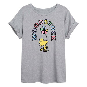 �A�j���L�����N�^�[ ���f�B�[�X �g�b�v�X T�V���c �O���t�B�b�N Licensed Character Juniors' Peanuts Woodstock Flower Oversized Graphic Tee Gray �O���[