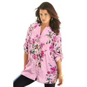 ���A�}���Y ���f�B�[�X �g�b�v�X T�V���c �t�����[�� �v���X�T�C�Y �t�����[ Roaman's Women's Plusize Floral Y-Neck Pintuck Tunic Adjustable Long Sleeve Button-Front Pink Romantic Rose �s���N