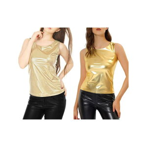�A���O�� �P�[ ���f�B�[�X �g�b�v�X T�V���c �X�����t�B�b�g�[�� ALLEGRA K 2 Packs Women's U Neck Stretchy Slim Fit Metallic Tank Tops Gold Tone �S�[���h