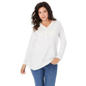 ���A�}���Y ���f�B�[�X �g�b�v�X T�V���c �v���X�T�C�Y Roaman's Women's Plusize Ultimate Long Sleeve Henley Tee With Sweetheart Neck White �z���C�g