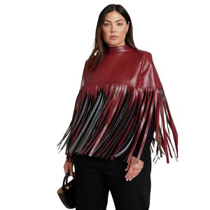 �G���N�C ���f�B�[�X �A�E�^�[ �W���P�b�g�E�u���]�� �P�[�v�f�U�C�� �v���X�T�C�Y �L���b�v �P�[�v ���U�[ �t�����W �t�F�C�N���U�[ ELOQUII Women's Plusize Faux Leather Fringe Cape Tawny Port