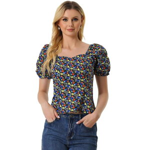 �A���O�� �P�[ ���f�B�[�X �g�b�v�X �V���c �t�����[�� �u���E�X �t�����[ ALLEGRA K Women'sleeve Square Neck Peasant Floral Blouse Top Black Red �u���b�N