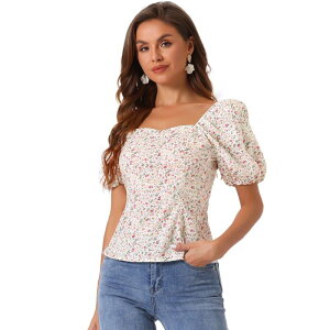 �A���O�� �P�[ ���f�B�[�X �g�b�v�X �V���c �t�����[�� �u���E�X �t�����[ ALLEGRA K Women'sleeve Square Neck Peasant Floral Blouse Top White Yellow �z���C�g