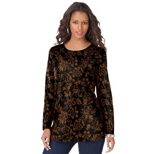 ���A�}���Y ���f�B�[�X �g�b�v�X T�V���c �N���[�l�b�N �v���X�T�C�Y �R�b�g�� Roaman's Women's Plusize Cotton Ultimate Long Sleeve Crewneck Tee Black Cognac Floral �u���b�N