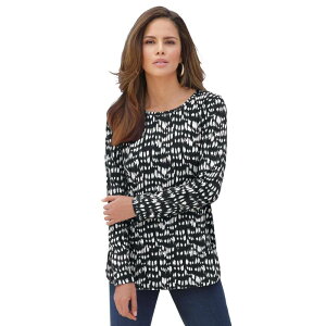 ���A�}���Y ���f�B�[�X �g�b�v�X T�V���c �N���[�l�b�N �v���X�T�C�Y �R�b�g�� Roaman's Women's Plusize Cotton Ultimate Long Sleeve Crewneck Tee Black Ikatexture �u���b�N