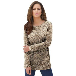 ���A�}���Y ���f�B�[�X �g�b�v�X T�V���c �N���[�l�b�N �v���X�T�C�Y �R�b�g�� Roaman's Women's Plusize Cotton Ultimate Long Sleeve Crewneck Tee Camel Swirly Texture �L������