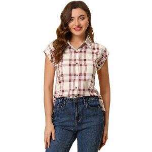 �A���O�� �P�[ ���f�B�[�X �g�b�v�X �V���c �{�^���_�E�� �L���b�v ALLEGRA K Women's Point Collar Short Cap Sleeves Plaids Button Down Shirt Red White �z���C�g