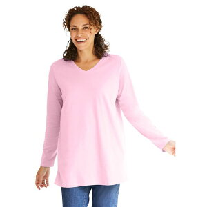 �E�[�}�� �E�B�Y�C�� ���f�B�[�X �g�b�v�X T�V���c V�l�b�N �v���X�T�C�Y ���� Woman Within Plusize Perfect Long-Sleeve V-Neck Tunic Pink �s���N