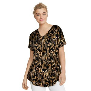 Ellos ���f�B�[�X �g�b�v�X T�V���c V�l�b�N �v���X�T�C�Y �j�b�g ellos Plusize Stretch Knit V-Neck Short Sleeve Inverted Pleatunic Black Cameleaf �u���b�N