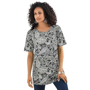 ���A�}���Y ���f�B�[�X �g�b�v�X T�V���c �N���[�l�b�N �v���X�T�C�Y �R�b�g�� Roaman's Women's Plusize Cotton Ultimate Crewneck Tee Black Ivory Paisley �A�C�{���[
