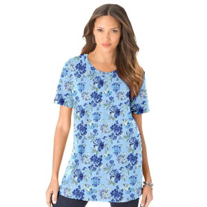 ���A�}���Y ���f�B�[�X �g�b�v�X T�V���c �N���[�l�b�N �v���X�T�C�Y �R�b�g�� Roaman's Women's Plusize Cotton Ultimate Crewneck Tee Blue Painterly Flowers �u���[