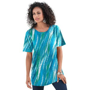 ���A�}���Y ���f�B�[�X �g�b�v�X T�V���c �N���[�l�b�N �v���X�T�C�Y �R�b�g�� Roaman's Women's Plusize Cotton Ultimate Crewneck Tee Ocean Textured Stripe �X�g���C�v