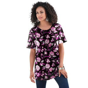 ���A�}���Y ���f�B�[�X �g�b�v�X T�V���c �N���[�l�b�N �v���X�T�C�Y �R�b�g�� Roaman's Women's Plusize Cotton Ultimate Crewneck Tee Rose Wildflower Shadow