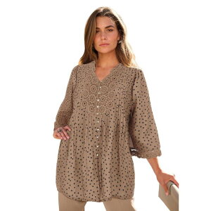 ���A�}���Y ���f�B�[�X �g�b�v�X T�V���c ���[�X�g���� �v���X�T�C�Y �_�E�� ���[�X Roaman's Women's Plusize Juliet Lace Trim Button-Down Shirt Brown Sugar Painted �u���E��