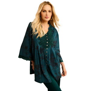 ���A�}���Y ���f�B�[�X �g�b�v�X T�V���c ���[�X�g���� �v���X�T�C�Y �_�E�� ���[�X Roaman's Women's Plusize Juliet Lace Trim Button-Down Shirt Emerald Black Bouquet �u���b�N