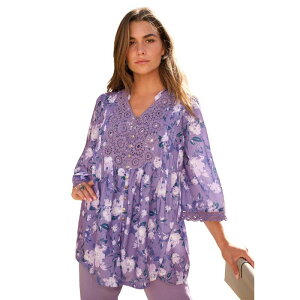 ���A�}���Y ���f�B�[�X �g�b�v�X T�V���c ���[�X�g���� �v���X�T�C�Y �_�E�� ���[�X Roaman's Women's Plusize Juliet Lace Trim Button-Down Shirt Grape Watercolor Bloom �O���[�v