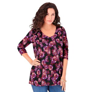 ���A�}���Y ���f�B�[�X �g�b�v�X T�V���c V�l�b�N �v���X�T�C�Y Roaman's Women's Plusize Ultimate Long Sleeve V Neck Tee Berry Bold Roses