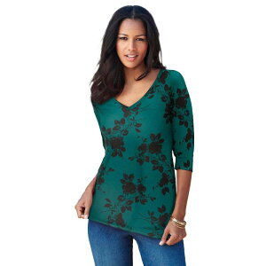 ���A�}���Y ���f�B�[�X �g�b�v�X T�V���c V�l�b�N �v���X�T�C�Y Roaman's Women's Plusize Ultimate Long Sleeve V Neck Teemerald Black Floral �u���b�N