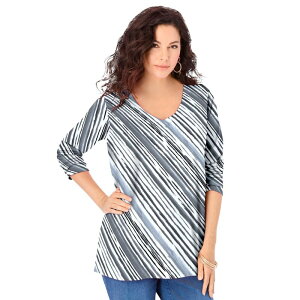 ���A�}���Y ���f�B�[�X �g�b�v�X T�V���c V�l�b�N �v���X�T�C�Y Roaman's Women's Plusize Ultimate Long Sleeve V Neck Tee Grey Biastripe �O���[