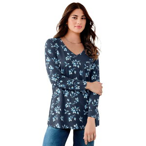 ���A�}���Y ���f�B�[�X �g�b�v�X T�V���c V�l�b�N �v���X�T�C�Y Roaman's Women's Plusize Ultimate Long Sleeve V Neck Tee Navy Leafy Print �l�C�r�[