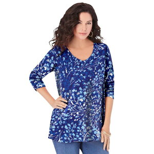 ���A�}���Y ���f�B�[�X �g�b�v�X T�V���c V�l�b�N �v���X�T�C�Y Roaman's Women's Plusize Ultimate Long Sleeve V Neck Tee Navy Swirly Leaves �l�C�r�[