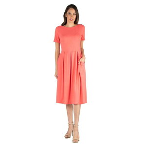 24 �Z�u���R���t�H�[�g ���f�B�[�X �g�b�v�X �����s�[�X �~�f�B Women's 24seven Comfort Apparel Short Sleeve Midi Dress with Pockets Coral �R�[����
