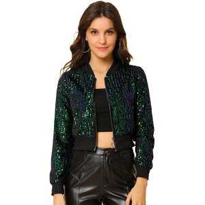 �A���O�� �P�[ ���f�B�[�X �A�E�^�[ �W���P�b�g�E�u���]�� �X�p���R�[�� �N���b�v�h ALLEGRA K Women'sequin Sparkle Zipper Cropped Bomber Jacket Green �O���[��