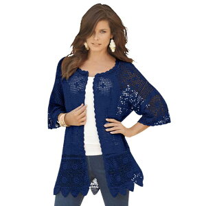 ���A�}���Y ���f�B�[�X �A�E�^�[ �j�b�g�E�Z�[�^�[ �v���X�T�C�Y �J�[�f�B�K�� Roaman's Women's Plusize Scallop Trim Crochet Cardigan Evening Blue �u���[