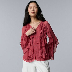 ���F���E�H�� ���f�B�[�X �g�b�v�X �V���c �t���� �u���E�X Women'simply Vera Wang Long Sleeve Ruffled Blouse Raspberry Frosting