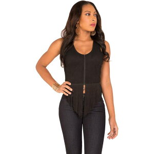 �|�G�e�B�b�N �W���X�e�B�X ���f�B�[�X �g�b�v�X T�V���c �t�����W Poetic Justice Karen Zip Up Camisoles Top With V-Shape Fringe Black �u���b�N