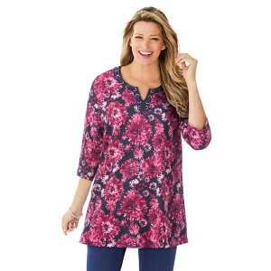 �E�[�}�� �E�B�Y�C�� ���f�B�[�X �g�b�v�X T�V���c �v���X�T�C�Y Woman Within Plusize 7-Day Three-Quarter Sleeve Grommet Notch Tunic Navy Rasberry �l�C�r�[