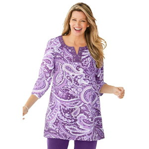 �E�[�}�� �E�B�Y�C�� ���f�B�[�X �g�b�v�X T�V���c �v���X�T�C�Y Woman Within Plusize 7-Day Three-Quarter Sleeve Grommet Notch Tunic Radiant Purple Paisley �p�[�v��