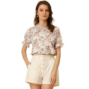 �A���O�� �P�[ ���f�B�[�X �g�b�v�X �V���c �V�t�H�� �t�����[�� �t���� �u���E�X �t�����[ ALLEGRA K Women's Chiffon Short Sleeve Ruffled Trim Floral Blouse Topink Purple �s���N
