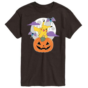 �A�j���L�����N�^�[ ���f�B�[�X �g�b�v�X T�V���c �O���t�B�b�N Licensed Character Men's Pokemon Pikachu Pumpkin With Moon Graphic Tee Dark Brown �u���E��