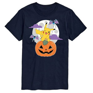 �A�j���L�����N�^�[ ���f�B�[�X �g�b�v�X T�V���c �O���t�B�b�N Licensed Character Men's Pokemon Pikachu Pumpkin With Moon Graphic Tee Navy �l�C�r�[