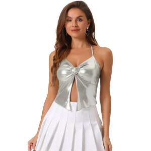 �A���O�� �P�[ ���f�B�[�X �g�b�v�X T�V���c �g�[�� �m�[�X���[�u �z���^�[ ALLEGRA K Metallic Sleeveless Top for Women Spaghetti Straps Halter Neck Clubwear Cami Top Silver �V���o�[
