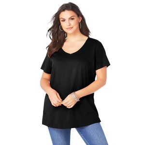 ���A�}���Y ���f�B�[�X �g�b�v�X T�V���c V�l�b�N �v���X�T�C�Y �R�b�g�� Roaman's Women's Plusize Cotton Ultimate V-Neck Tee Black �u���b�N