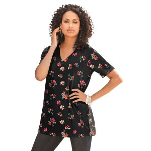 ���A�}���Y ���f�B�[�X �g�b�v�X T�V���c V�l�b�N �v���X�T�C�Y �R�b�g�� Roaman's Women's Plusize Cotton Ultimate V-Neck Tee Black Brushed Flowers �u���b�N