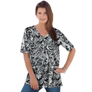 ���A�}���Y ���f�B�[�X �g�b�v�X T�V���c V�l�b�N �v���X�T�C�Y �R�b�g�� Roaman's Women's Plusize Cotton Ultimate V-Neck Tee Black Graphic Paisley �u���b�N