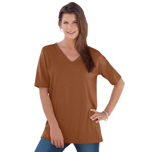 ���A�}���Y ���f�B�[�X �g�b�v�X T�V���c V�l�b�N �v���X�T�C�Y �R�b�g�� Roaman's Women's Plusize Cotton Ultimate V-Neck Tee Cognac