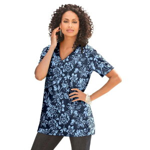 ���A�}���Y ���f�B�[�X �g�b�v�X T�V���c V�l�b�N �v���X�T�C�Y �R�b�g�� Roaman's Women's Plusize Cotton Ultimate V-Neck Tee Navy Blue Floral �l�C�r�[