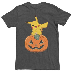 �A�j���L�����N�^�[ ���f�B�[�X �g�b�v�X T�V���c Licensed Character Men's Pokmon Pikachu Sitting On Pumpkin Tee Charcoal Heather �`���R�[��