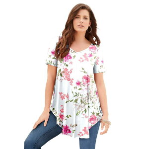 ���A�}���Y ���f�B�[�X �g�b�v�X T�V���c V�l�b�N �h���[�v���X�T�C�Y Roaman's Women's Plusize Ultra Drape V-Neck Swing Tunic Top White Romantic Rose �z���C�g
