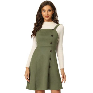 �A���O�� �P�[ ���f�B�[�X �g�b�v�X �����s�[�X A ���C�� �~�j �I�[�o�[�I�[�� �X�G�[�h ALLEGRA K Women's Faux Suede Button Decor A-Line Mini Overall Dress Army Green �O���[��