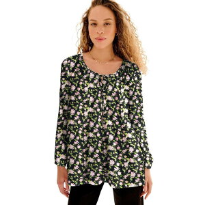 Ellos ���f�B�[�X �g�b�v�X T�V���c �v���X�T�C�Y ellos Plusize Tie Neck Peasantunic Black Orchid Pink �u���b�N