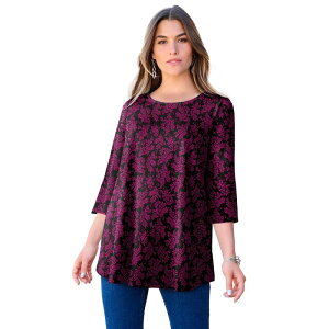 ���A�}���Y ���f�B�[�X �g�b�v�X T�V���c �v���X�T�C�Y Roaman's Women's Plusize Ultimate Three Quarter Sleeve Swing Tee Black Raspberry Leaves �u���b�N